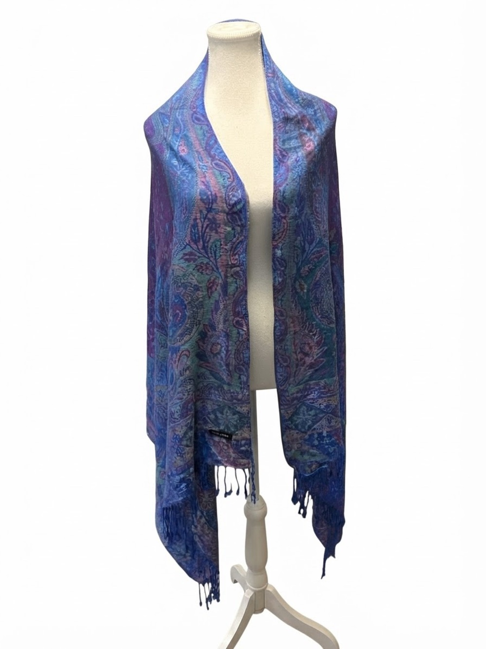 Luxury Cashmere Blue Purple Paisley Pashmina Scarf Wrap Fringe Boho
